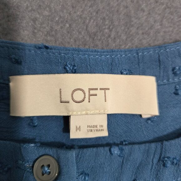 LOFT Petite Women M Blue Button-Up Pleated Chest Blouse Textured - Picture 6 of 11